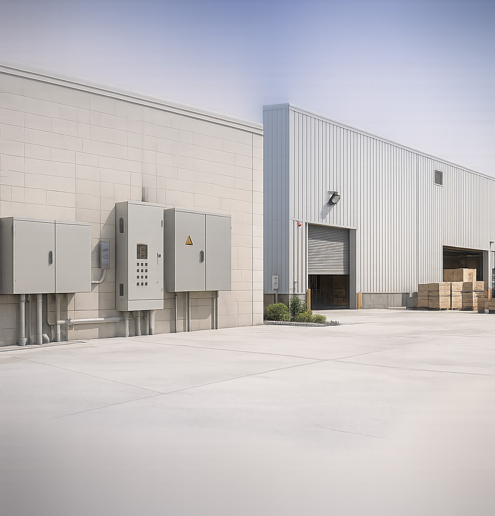 NUR distribution boards installed on a warehouse wall